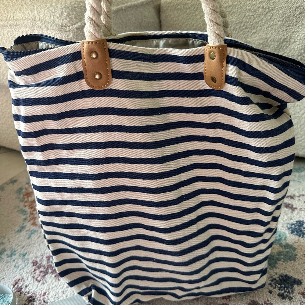 navy blue and cream striped cotton tote